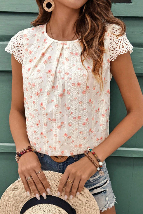 Floral Print Embroidered Detail Crochet Cap Sleeve Blouse