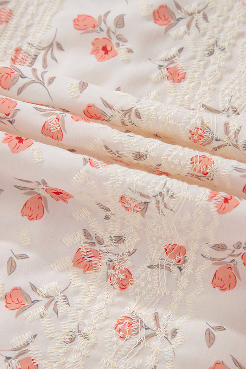 Floral Print Embroidered Detail Crochet Cap Sleeve Blouse