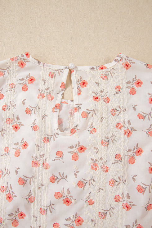 Floral Print Embroidered Detail Crochet Cap Sleeve Blouse