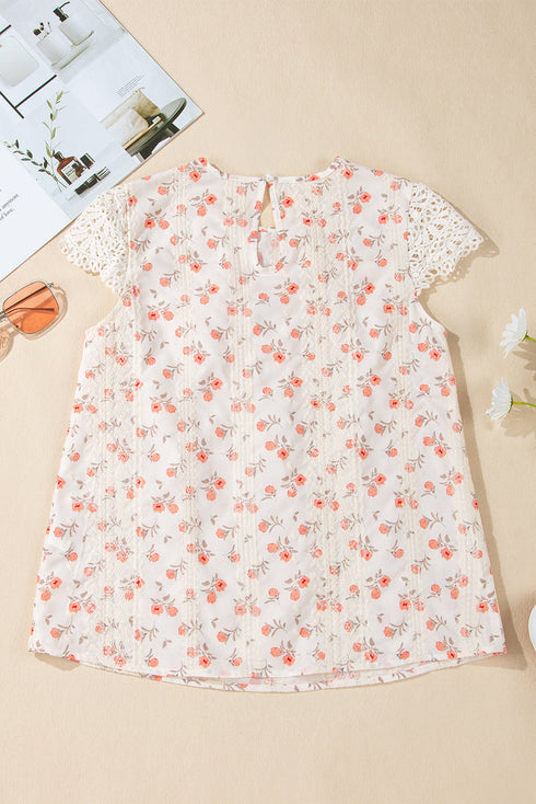 Floral Print Embroidered Detail Crochet Cap Sleeve Blouse