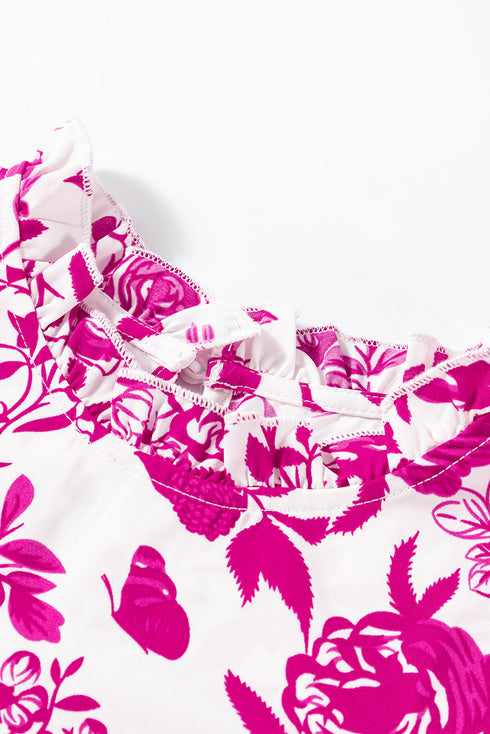 Floral Print Flounce Sleeve Keyhole Back Woven Blouse