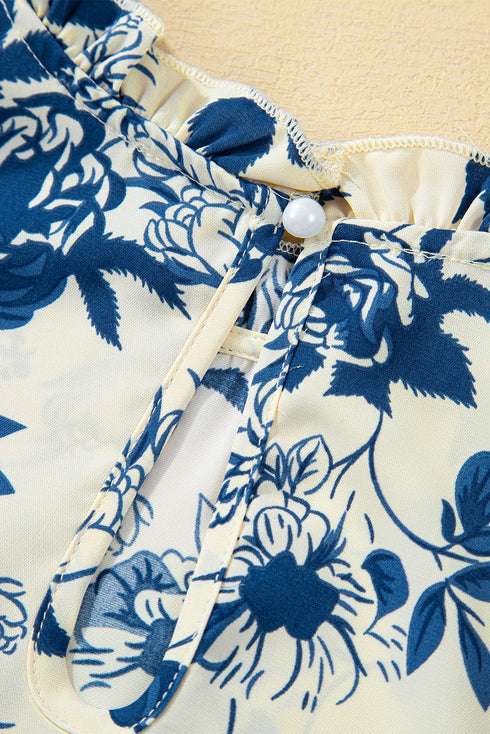 Floral Print Flounce Sleeve Keyhole Back Woven Blouse