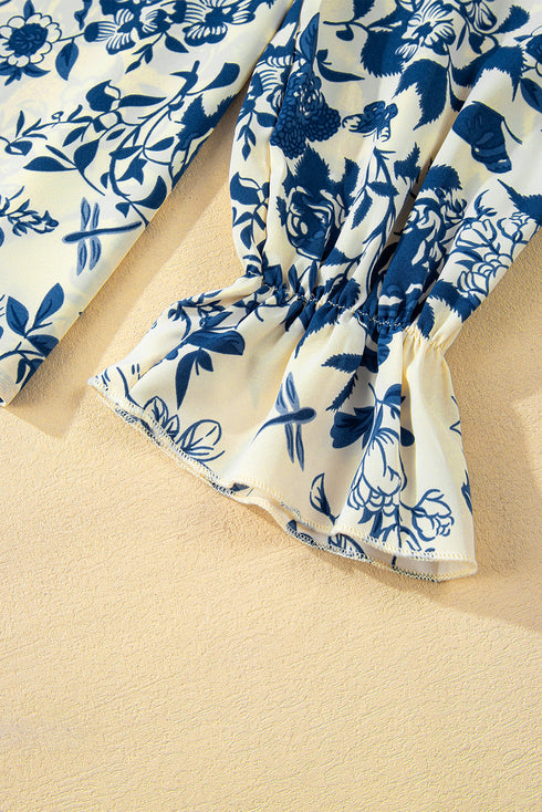 Floral Print Flounce Sleeve Keyhole Back Woven Blouse