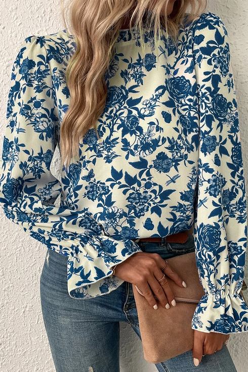 Floral Print Flounce Sleeve Keyhole Back Woven Blouse
