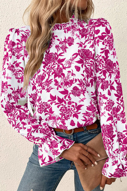 Floral Print Flounce Sleeve Keyhole Back Woven Blouse