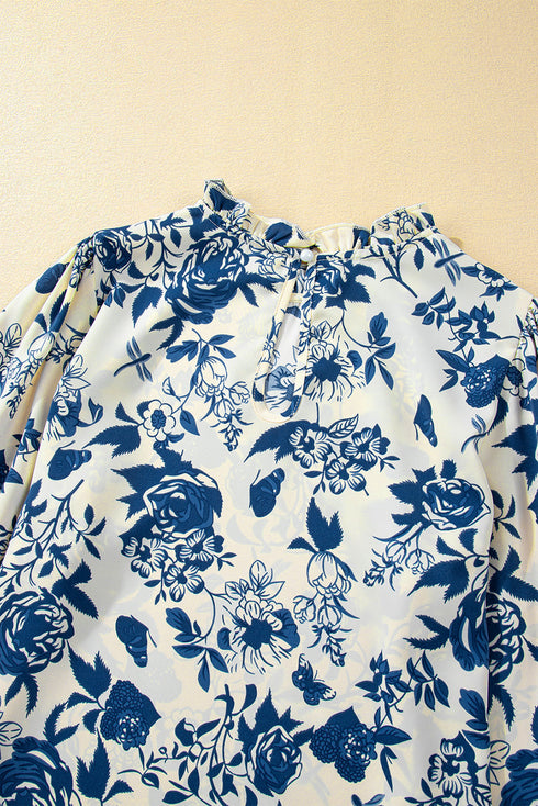 Floral Print Flounce Sleeve Keyhole Back Woven Blouse