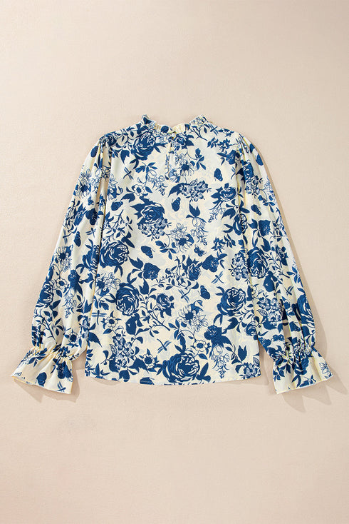 Floral Print Flounce Sleeve Keyhole Back Woven Blouse