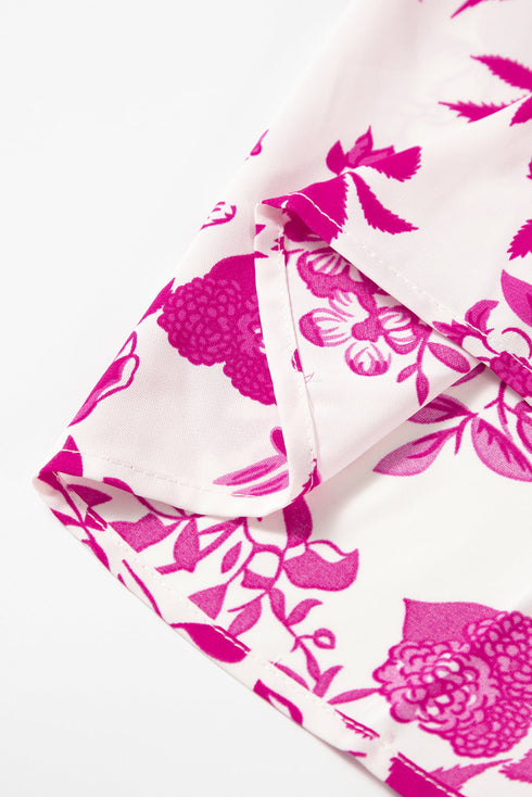 Floral Print Flounce Sleeve Keyhole Back Woven Blouse
