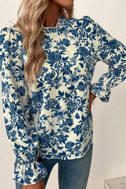 Floral Print Flounce Sleeve Keyhole Back Woven Blouse