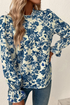 Floral Print Flounce Sleeve Keyhole Back Woven Blouse