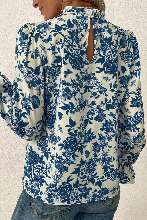 Floral Print Flounce Sleeve Keyhole Back Woven Blouse
