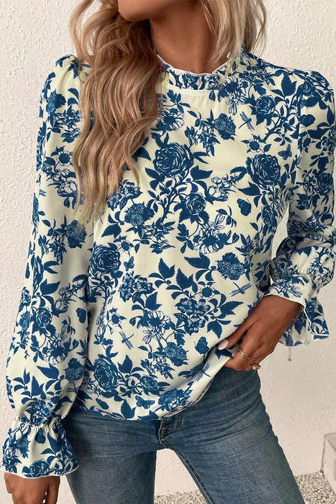 Floral Print Flounce Sleeve Keyhole Back Woven Blouse