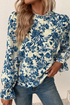 Floral Print Flounce Sleeve Keyhole Back Woven Blouse