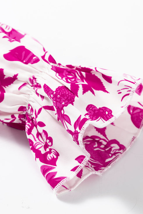 Floral Print Flounce Sleeve Keyhole Back Woven Blouse