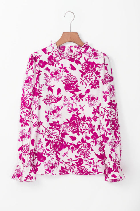 Floral Print Flounce Sleeve Keyhole Back Woven Blouse