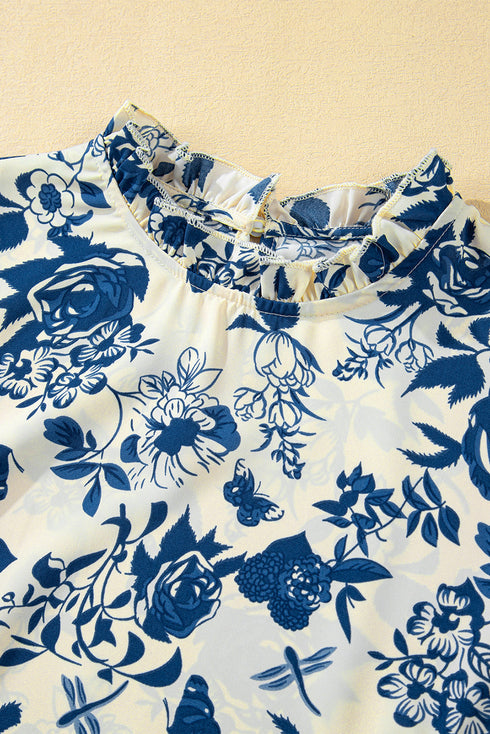 Floral Print Flounce Sleeve Keyhole Back Woven Blouse