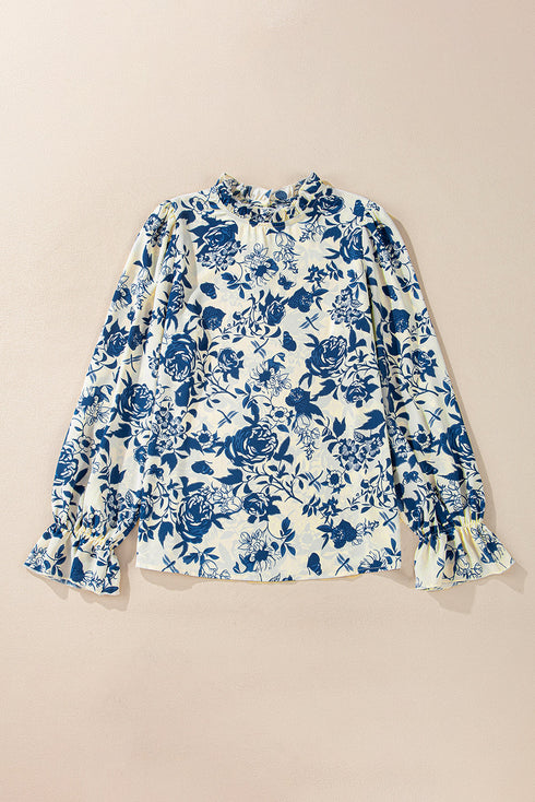 Floral Print Flounce Sleeve Keyhole Back Woven Blouse