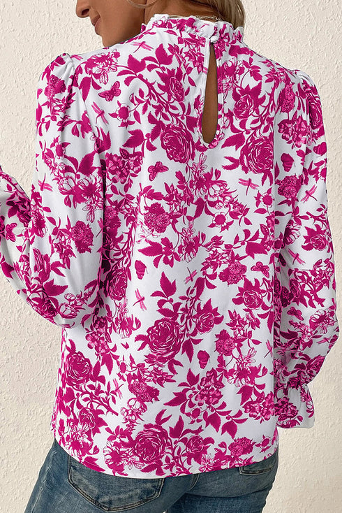 Floral Print Flounce Sleeve Keyhole Back Woven Blouse