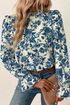 Floral Print Flounce Sleeve Keyhole Back Woven Blouse