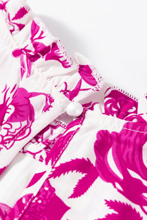 Floral Print Flounce Sleeve Keyhole Back Woven Blouse