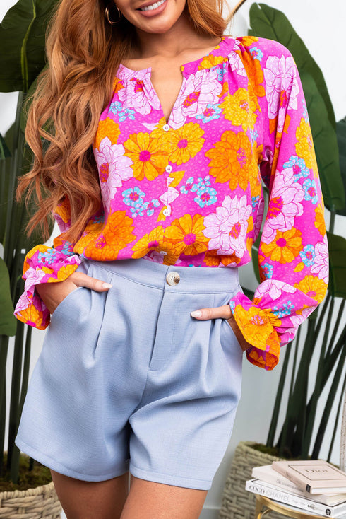 Floral Print Flounce Sleeve Notched Neck Woven Blouse