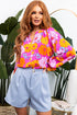 Floral Print Flounce Sleeve Notched Neck Woven Blouse