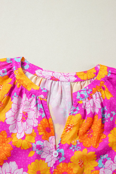 Floral Print Flounce Sleeve Notched Neck Woven Blouse