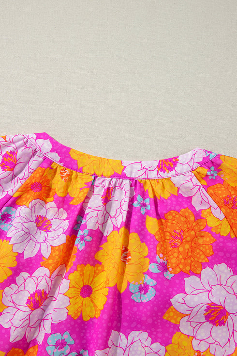 Floral Print Flounce Sleeve Notched Neck Woven Blouse