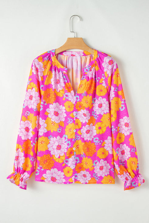 Floral Print Flounce Sleeve Notched Neck Woven Blouse