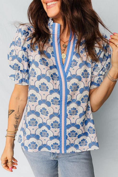 Floral Print Flounced Puff Sleeve Contrast Trim Blouse