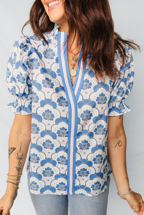 Floral Print Flounced Puff Sleeve Contrast Trim Blouse