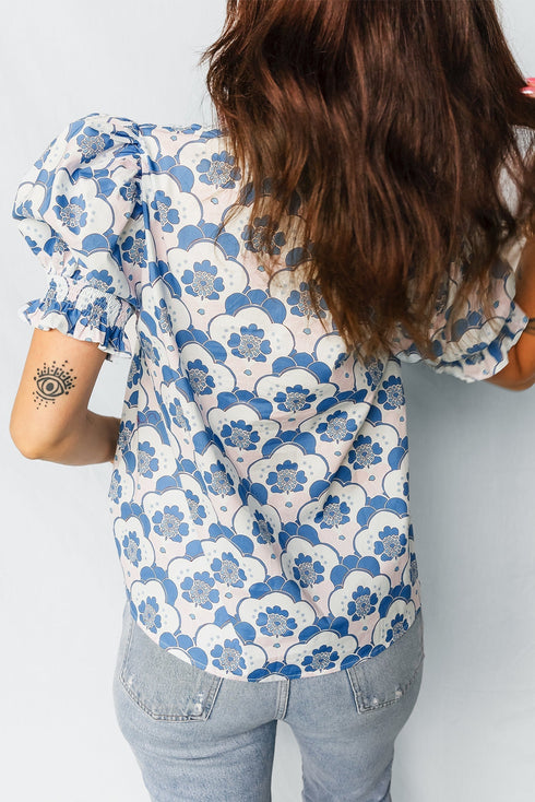 Floral Print Flounced Puff Sleeve Contrast Trim Blouse