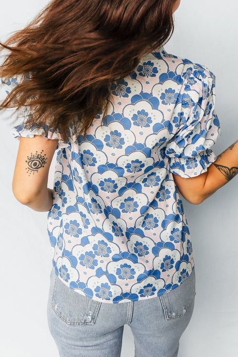 Floral Print Flounced Puff Sleeve Contrast Trim Blouse