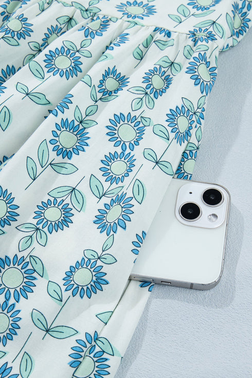 Floral Print Flutter Sleeve Contrast Trim A-Line Dress