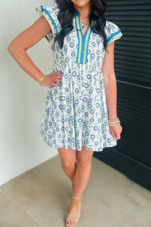 Floral Print Flutter Sleeve Contrast Trim A-Line Dress