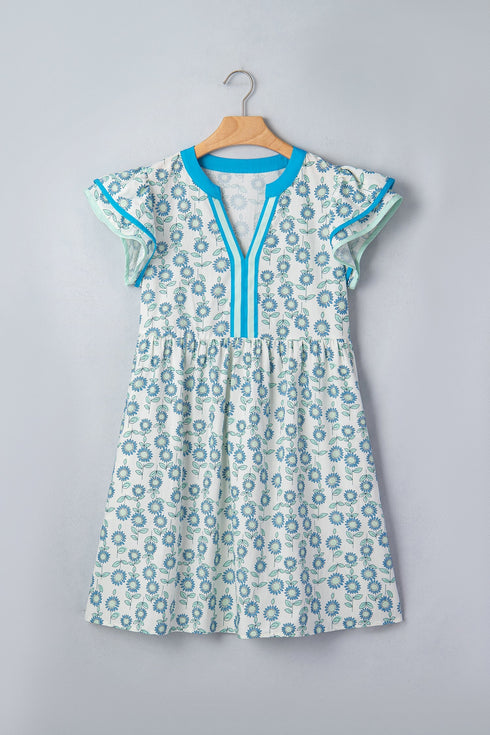 Floral Print Flutter Sleeve Contrast Trim A-Line Dress