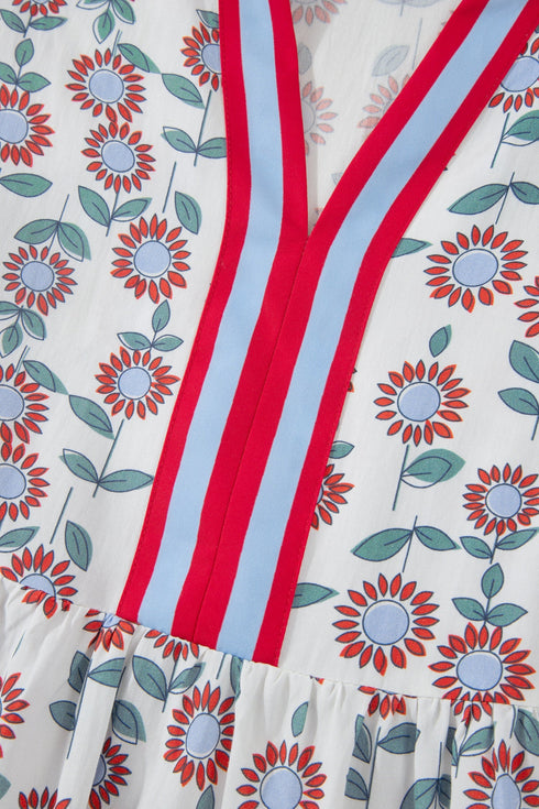 Floral Print Flutter Sleeve Contrast Trim A-Line Dress