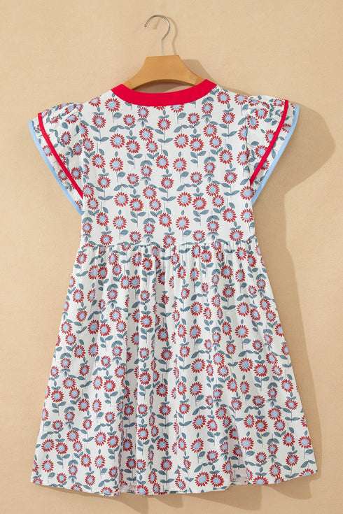 Floral Print Flutter Sleeve Contrast Trim A-Line Dress