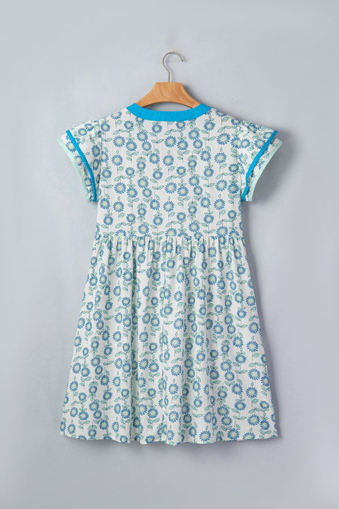 Floral Print Flutter Sleeve Contrast Trim A-Line Dress