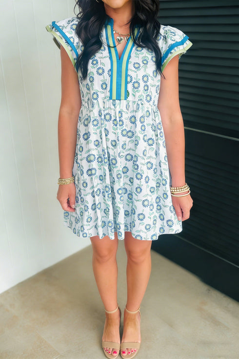 Floral Print Flutter Sleeve Contrast Trim A-Line Dress