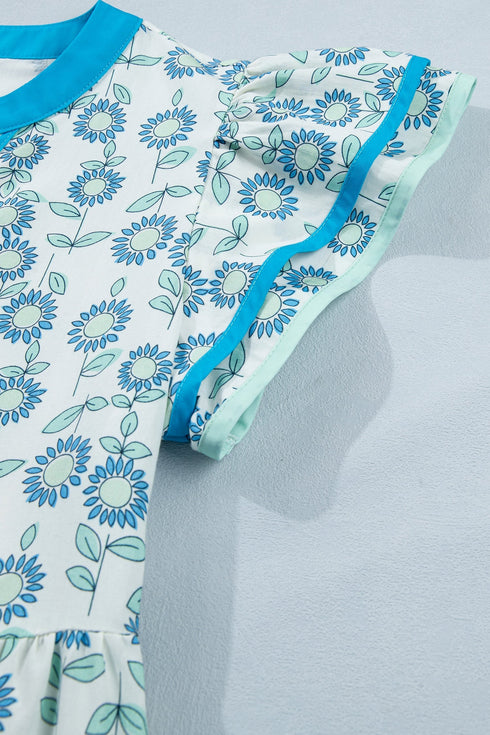 Floral Print Flutter Sleeve Contrast Trim A-Line Dress