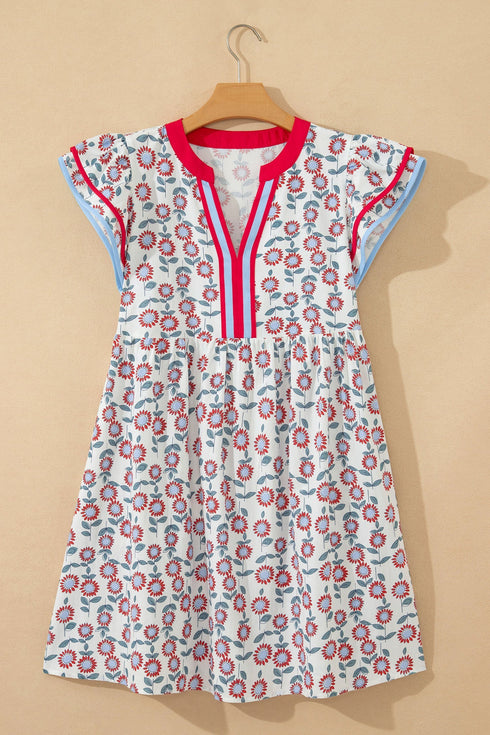 Floral Print Flutter Sleeve Contrast Trim A-Line Dress