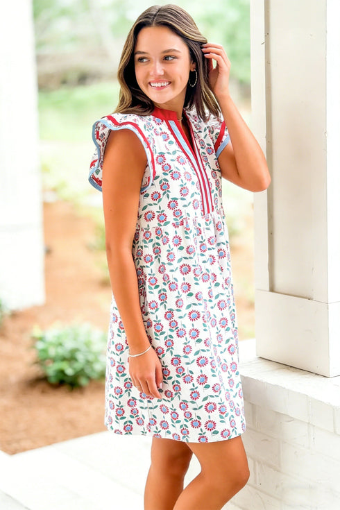 Floral Print Flutter Sleeve Contrast Trim A-Line Dress