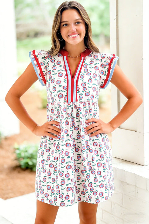 Floral Print Flutter Sleeve Contrast Trim A-Line Dress