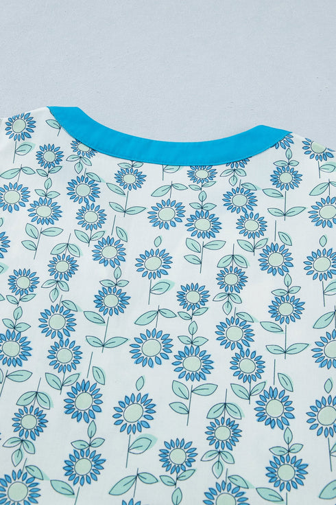 Floral Print Flutter Sleeve Contrast Trim A-Line Dress