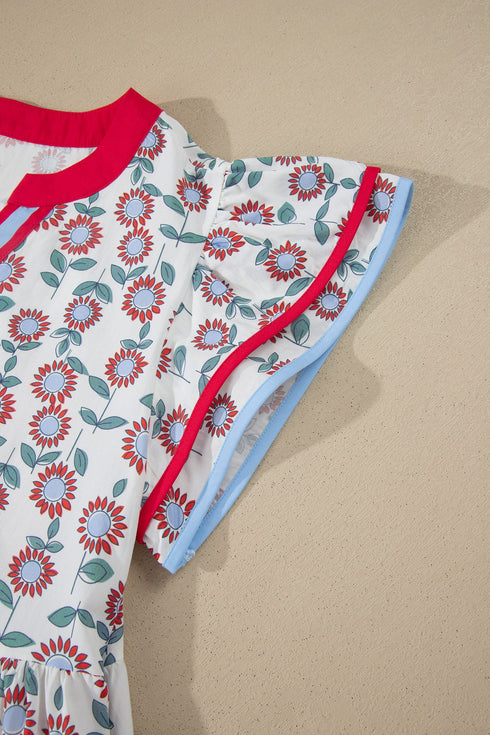 Floral Print Flutter Sleeve Contrast Trim A-Line Dress