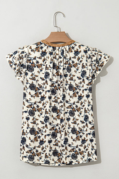 Floral Print Flutter Sleeve Lace Up Neckline Blouse