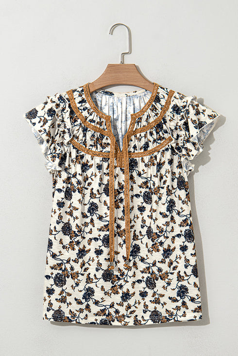 Floral Print Flutter Sleeve Lace Up Neckline Blouse