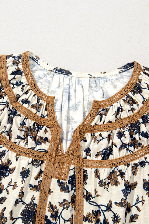 Floral Print Flutter Sleeve Lace Up Neckline Blouse