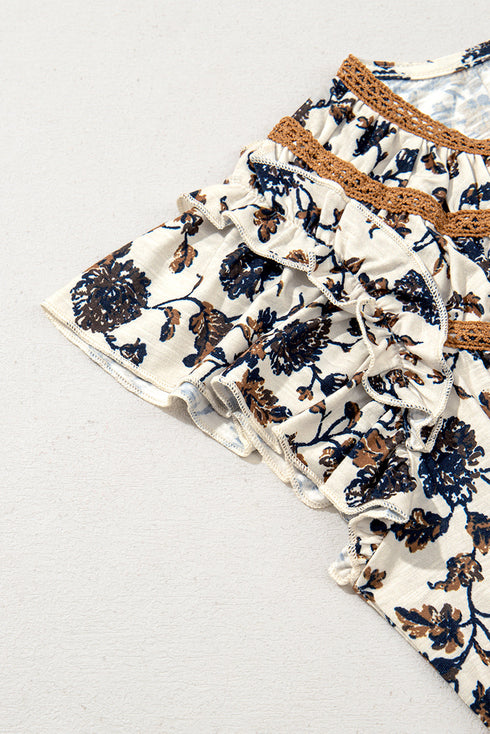 Floral Print Flutter Sleeve Lace Up Neckline Blouse